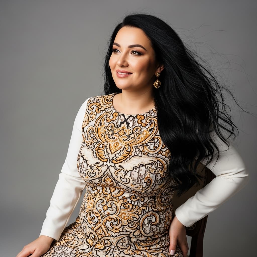 AI generated: beautiful tatar lady, stunning beauty, long black hair, brown eyes, intricate  designed by Dior, sli...