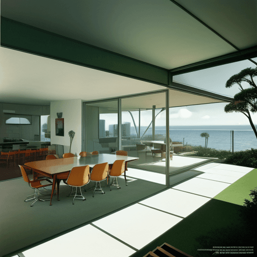 AI generated: Hyper realistic eye level exterior photo of a mid century modern style house overlooking the ocean, ...