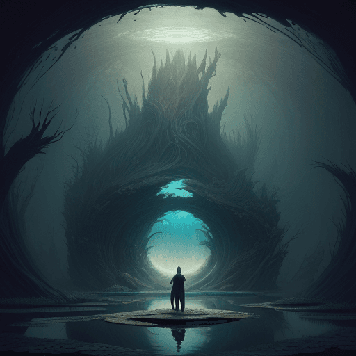 AI generated: a man in a pond, looking through the hole, in the style of visionary otherworldly, gigantic scale, f...