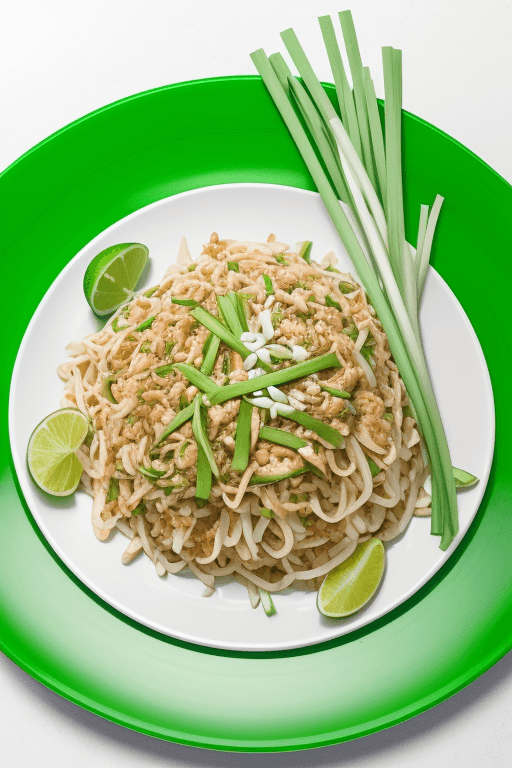 AI generated: Pad Thai with fresh spring onion and lime in big white plate with green blurred background, low ligh...