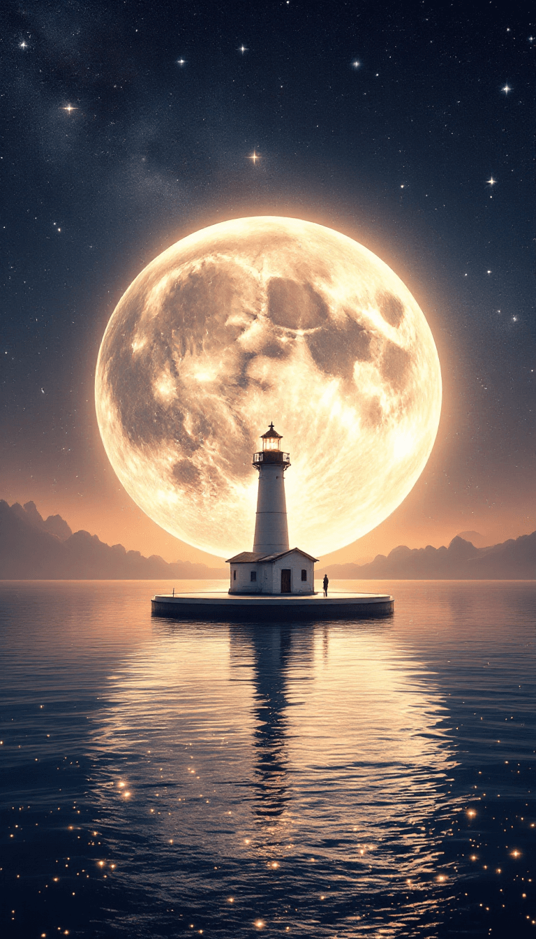 AI generated: A surreal and breathtaking scene featuring a giant glowing full moon with intricate craters, dominat...