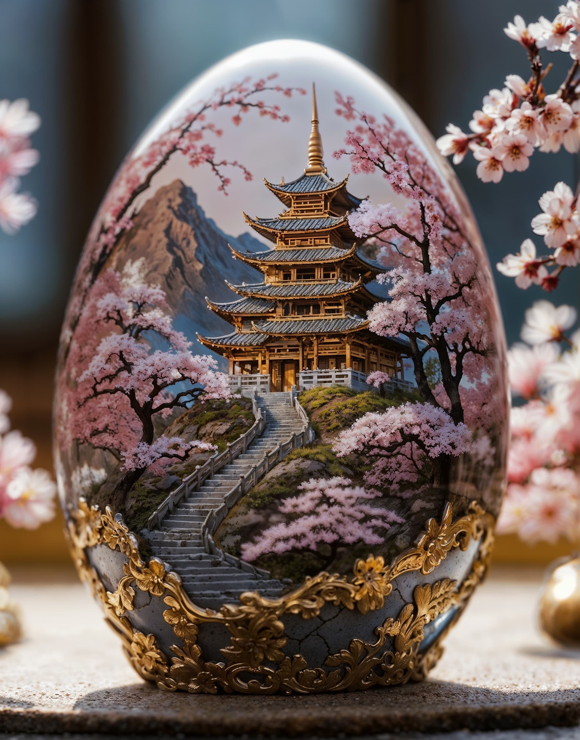 AI generated: 16k resolution, 64 megapixels, intricate crystal egg, incredibly detailed Japanese Xian temple on a ...