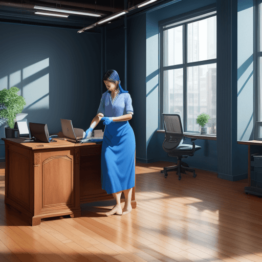 AI generated: High resolution photography, interior 0ffice design, wooden floor, cleaning woman, microfibre cloth ...