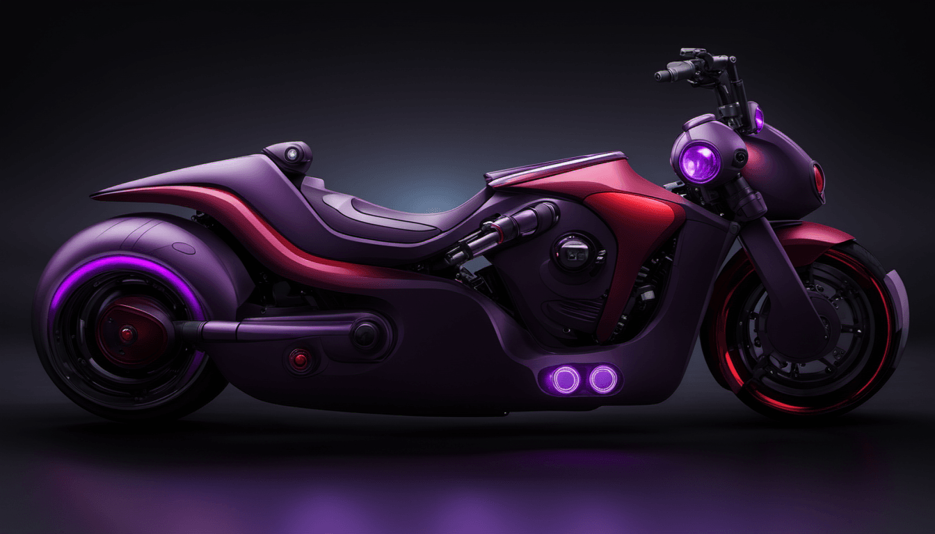 AI generated: motorcycle, futuristic, purple and red, industrial, low rider chassis, t-bar handlebars (front), sma...