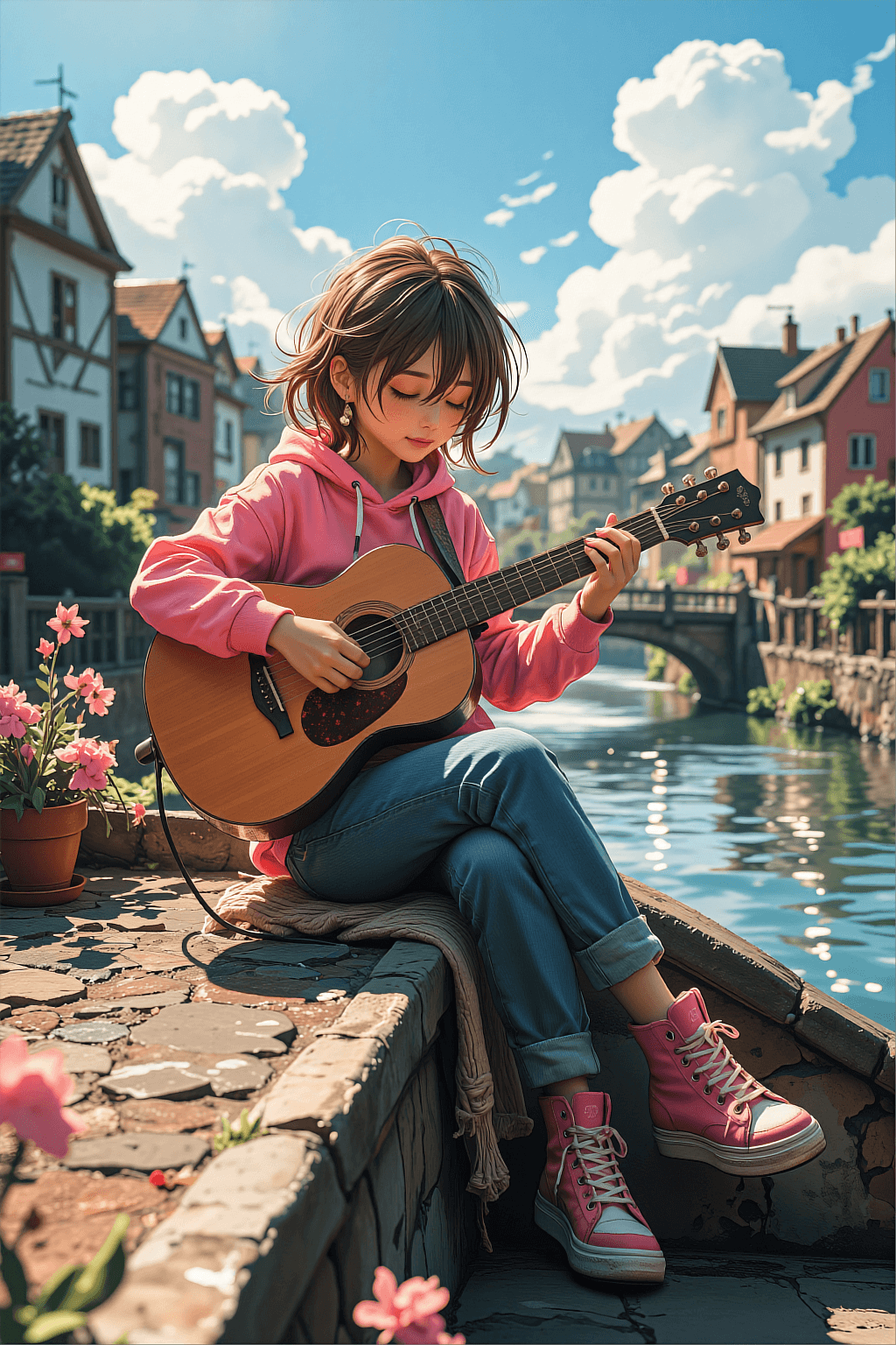 AI generated: A vertical masterpiece anime illustration of a Japanese girl sitting on a stone ledge by a European ...