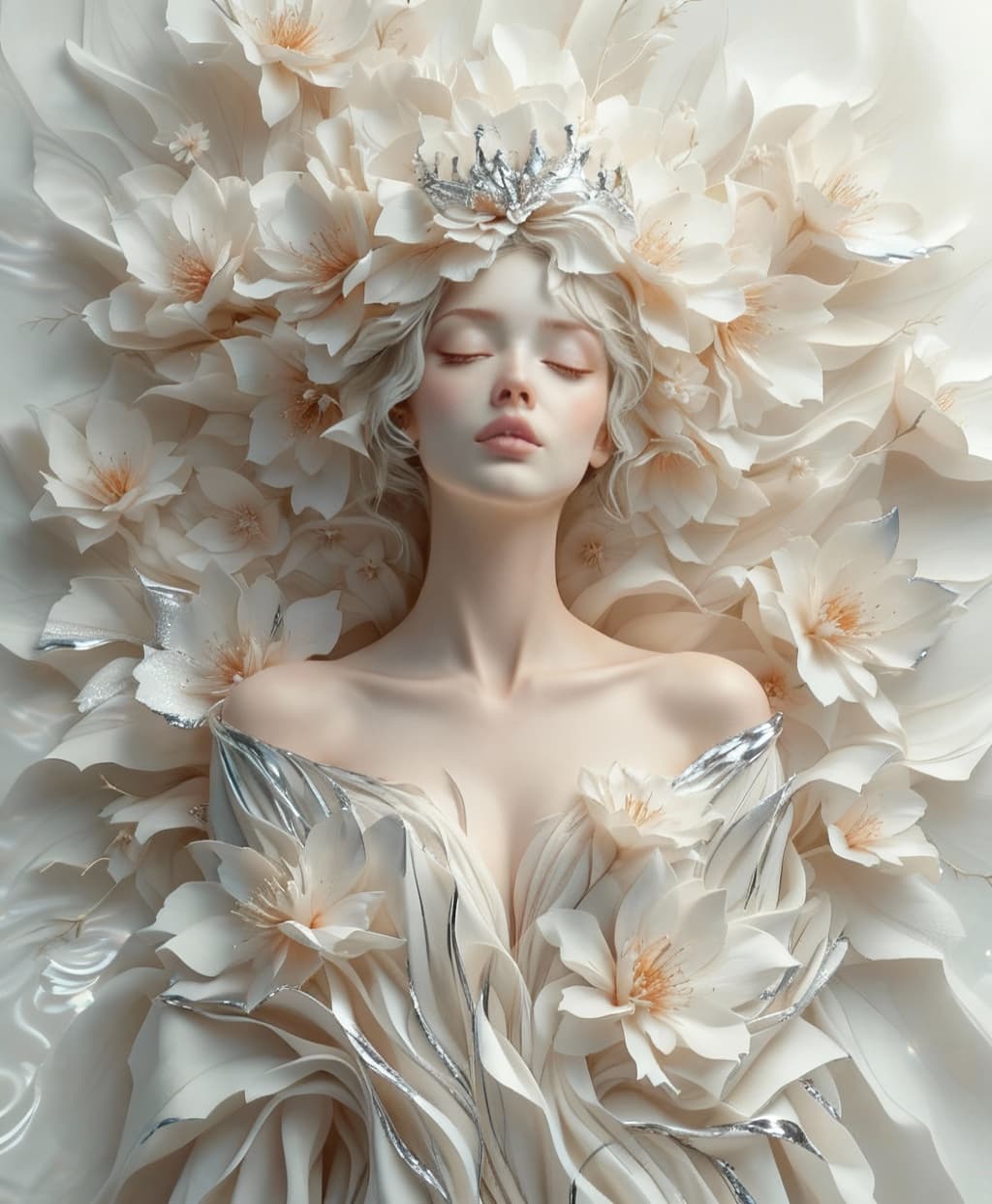 AI generated: Ethereal woman sculpted in layered paper textures, surrounded by blossoming petals that appear both ...
