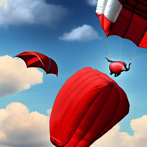AI generated: Elephant attached to a red parachute falling through sunny clouds.
Style: photo realistic