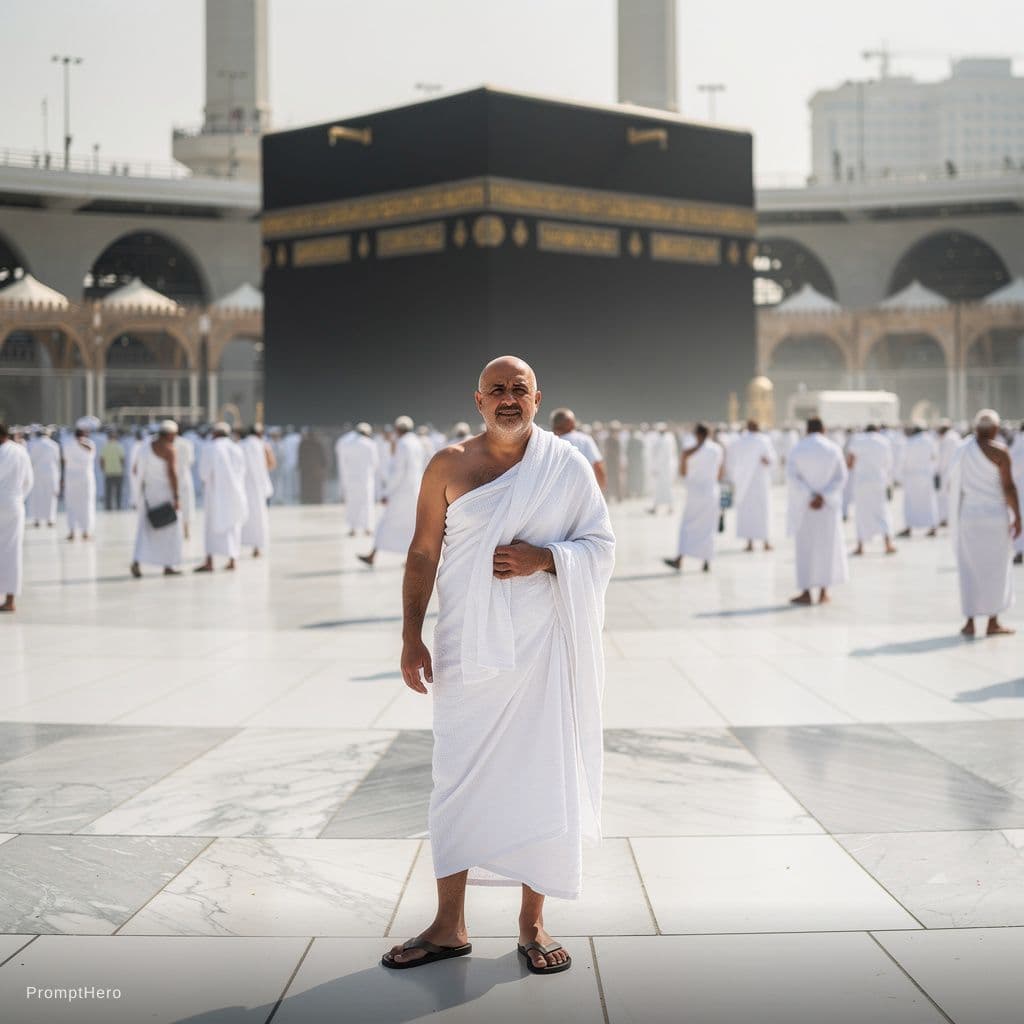AI generated: DANOUJ RADOUANE IN MEKKA NEAR AL HARAM  WITH IHRAM CLOTHES

