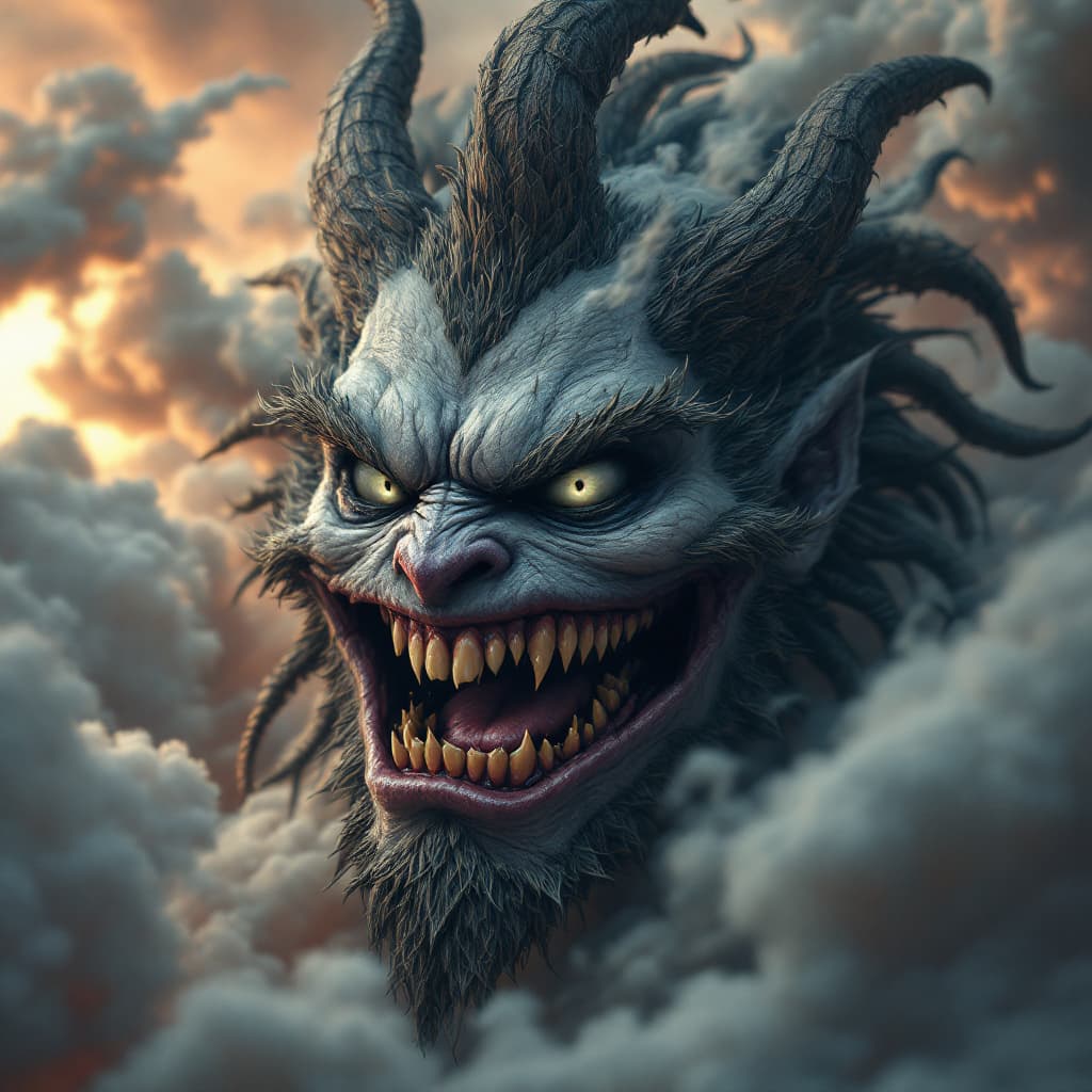 AI generated: a man with evil smile, mad sky hallucination by Mundford, baroque maximalist, chibi by Artificial Ni...