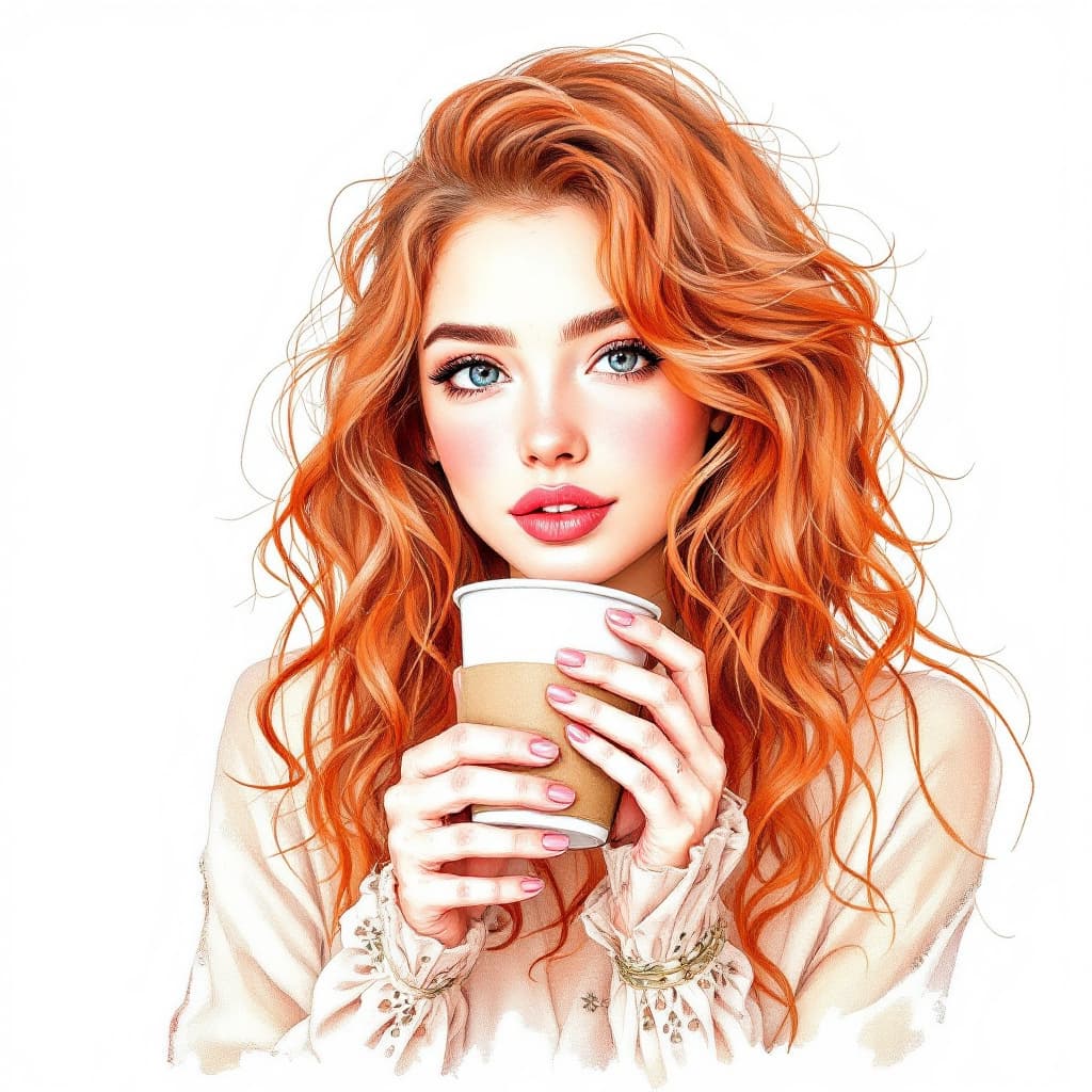 AI generated: portrait of a girl drinking coffee, red hair with curls, girl in an expressive pose, realistic, fest...