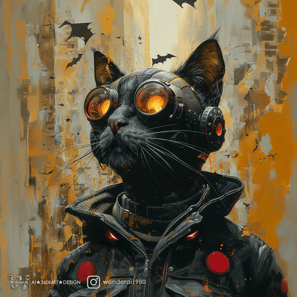 AI generated: close up portrait, cybernetic anthropomorphic cat vampire, jagged castle and bats growing out of his...
