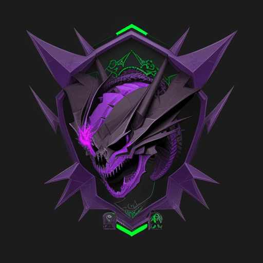 AI generated: Logo gaming wear, concept, mecha dragon skull, nonagon, colour black and green and purple, gaming, d...