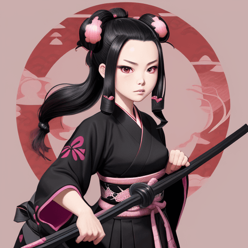 AI generated: Kamado Nezuko, japanese warrior girl in the style of demon slayer, black shirt, black hakama, pink h...