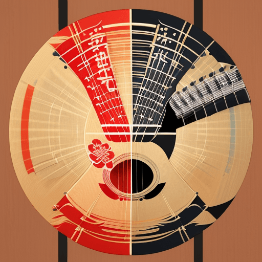 AI generated: Acoustic guitar with kanji characters: "Generate an image of a beautiful acoustic guitar with Japane...