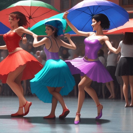 AI generated: Girls dancing salsa with umbrellas