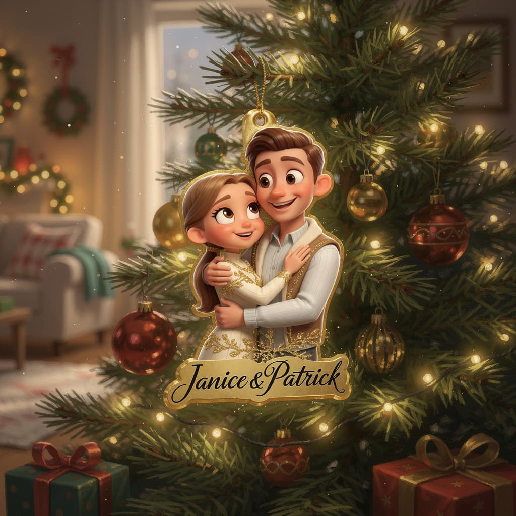 AI generated: Medium shot. Christmas tree in the room. Disney-style Christmas decoration, Pixar hangs on the branc...