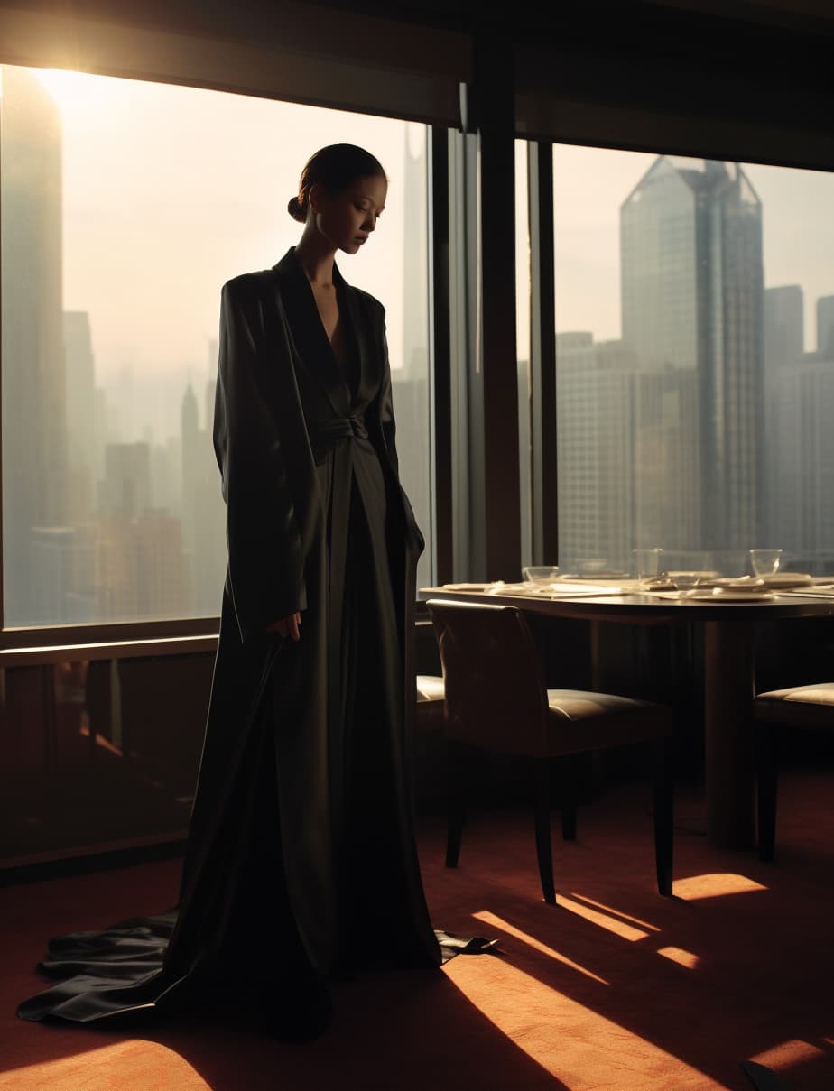 AI generated: a woman standing in a room next to a table, vman magazine, wearing dramatic aristocrat robe, long - ...
