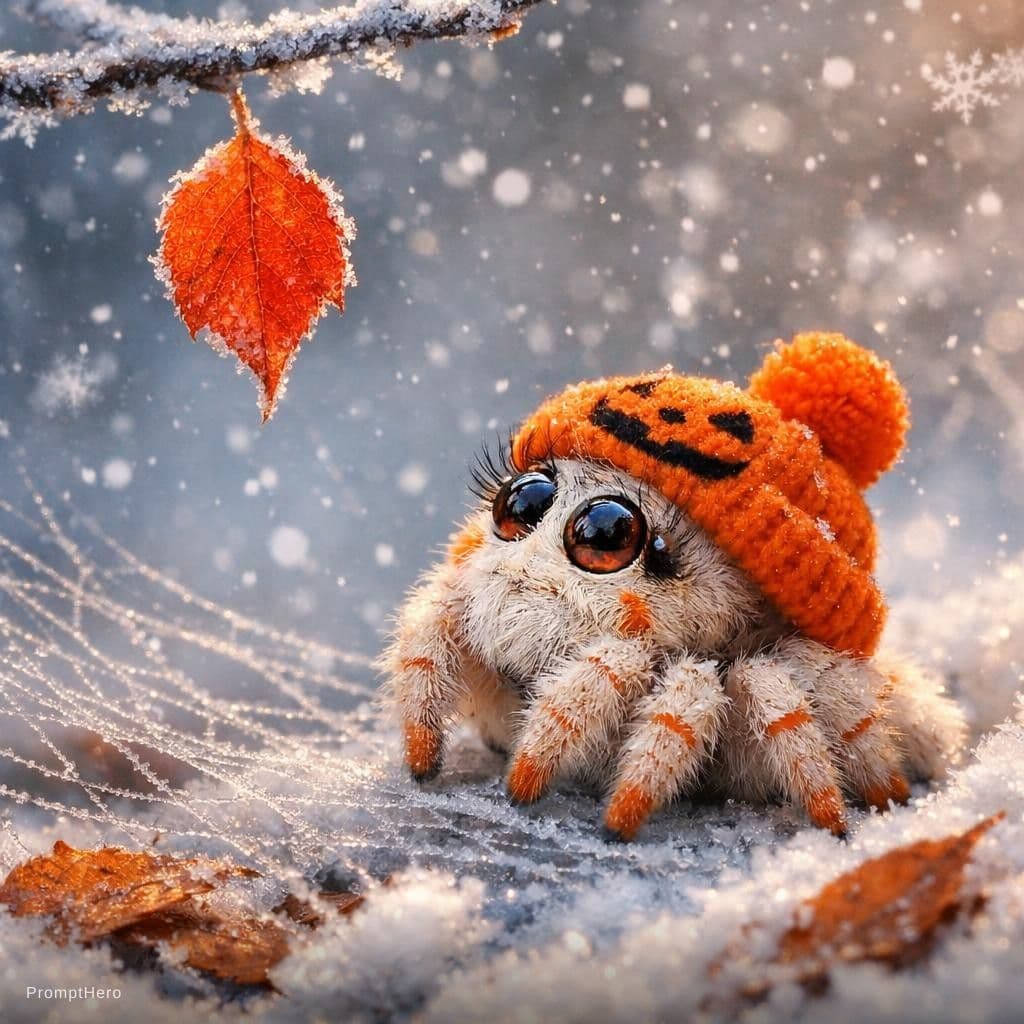 AI generated: fluffy little white spider with orange accents in a knitted hat with a pompom, sitting and looking u...
