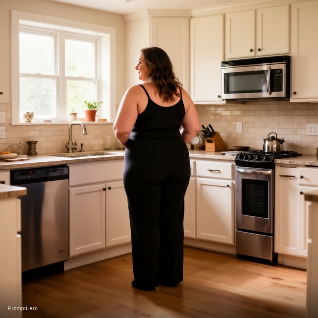 AI generated: A wide, long-range shot: a 45-year-old woman with a full-figured, curvaceous body (large bust and fu...