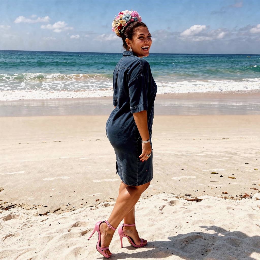 AI generated: a full side front view large puffy boobs beautiful black eyes plus size legs with high heels matched...