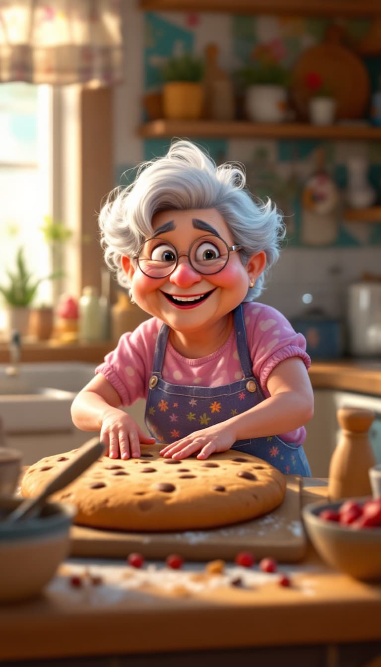 AI generated: charming scene of a loving grandma in her kitchen, shaping a giant cookie with a big smile, Pixar-in...