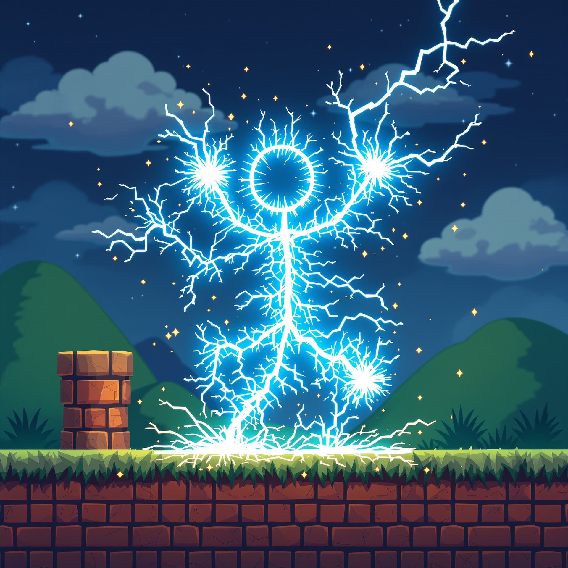 AI generated: a stick man made out of electricity sparks dancing in a mario bothers 2d environment. the background...
