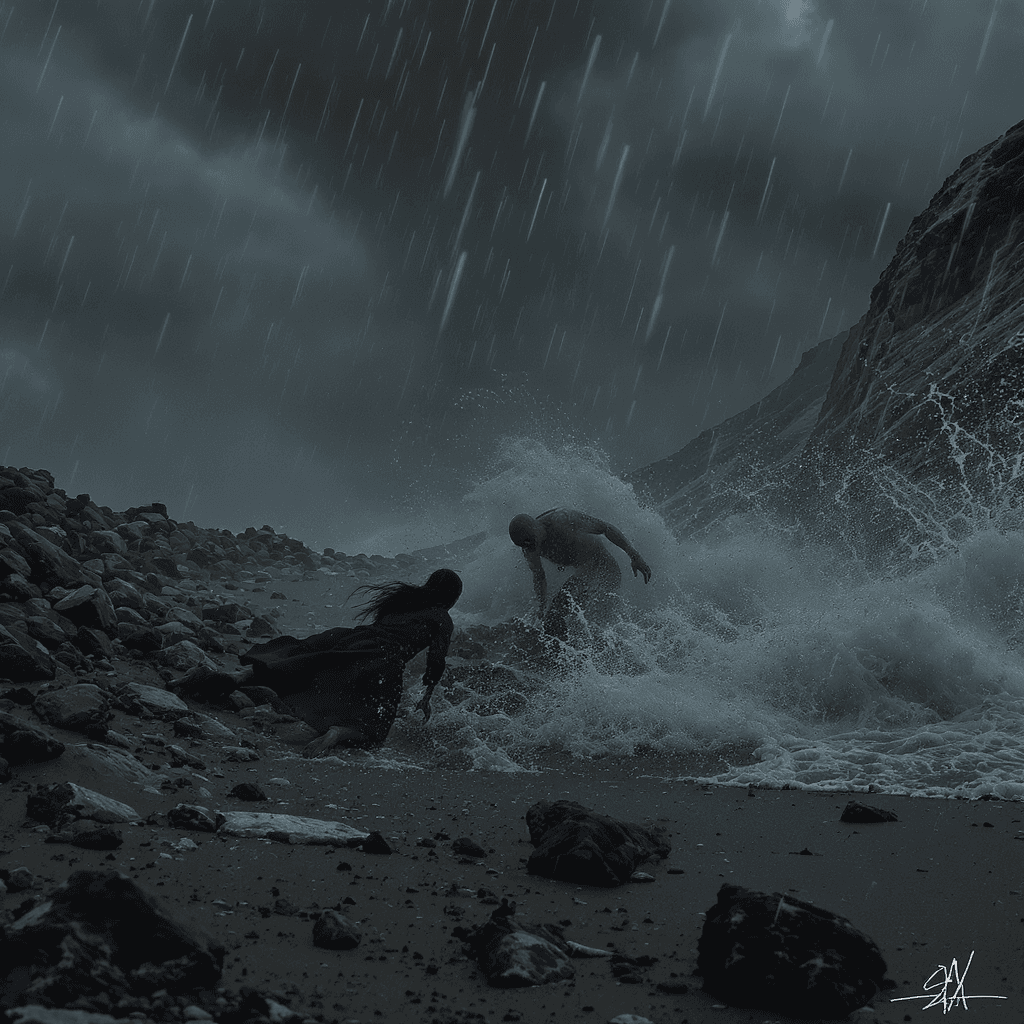 AI generated:  a zombie attack to human  in island , stormly cinematic atmosphere wind  