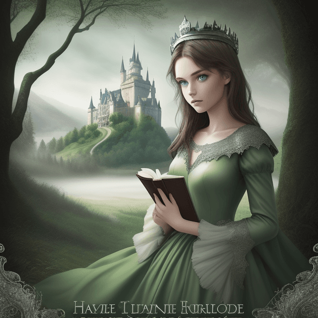 AI generated: 
this is a book cover, it shows a castle, green color, fog, trees. That girl with blue eyes, brunett...