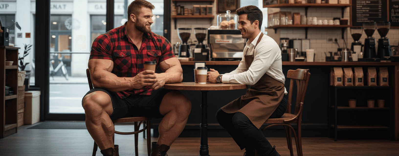 AI generated: At a coffee shop the bodybuilder is 6'4" tall, he has huge muscular shoulders and super extra huge m...