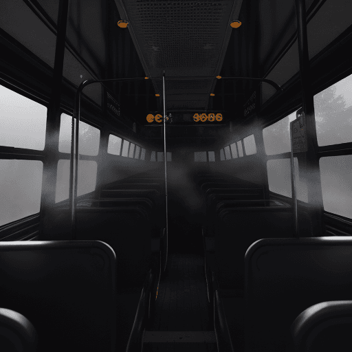 AI generated: bus driver inside the glossy black school bus from behind, mist, foggy, death<lora:xl_more_art-full_...