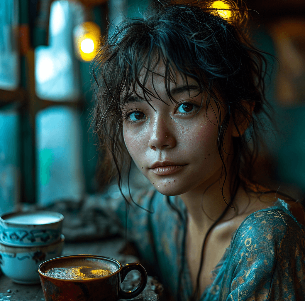 AI generated: Beautiful woman drinking coffee, in the style of moody neo-noir, ruan jia, light yellow and indigo, ...