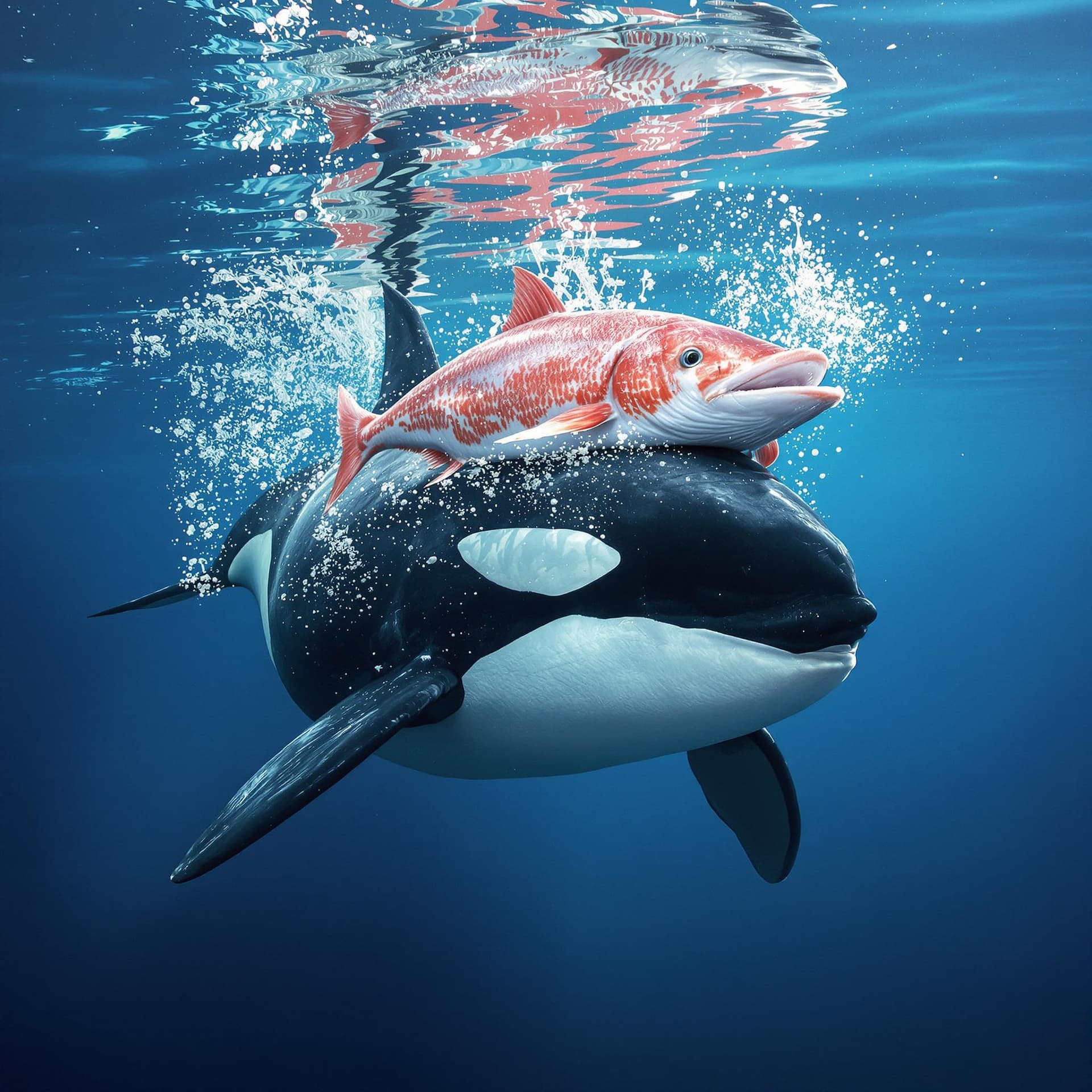 AI generated: a photorealistic orca swimming in the ocean while wearing a salmon fish as a hat