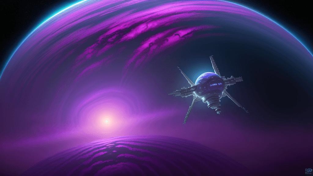 AI generated: Small Space station above the planet Solaris (scifi movie). The planet is a strangely swirling ocean...