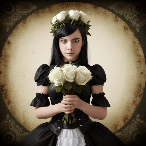 AI generated: girl with black hair and green eyes holds a bouquet of white roses in her hands, steampunk style, li...