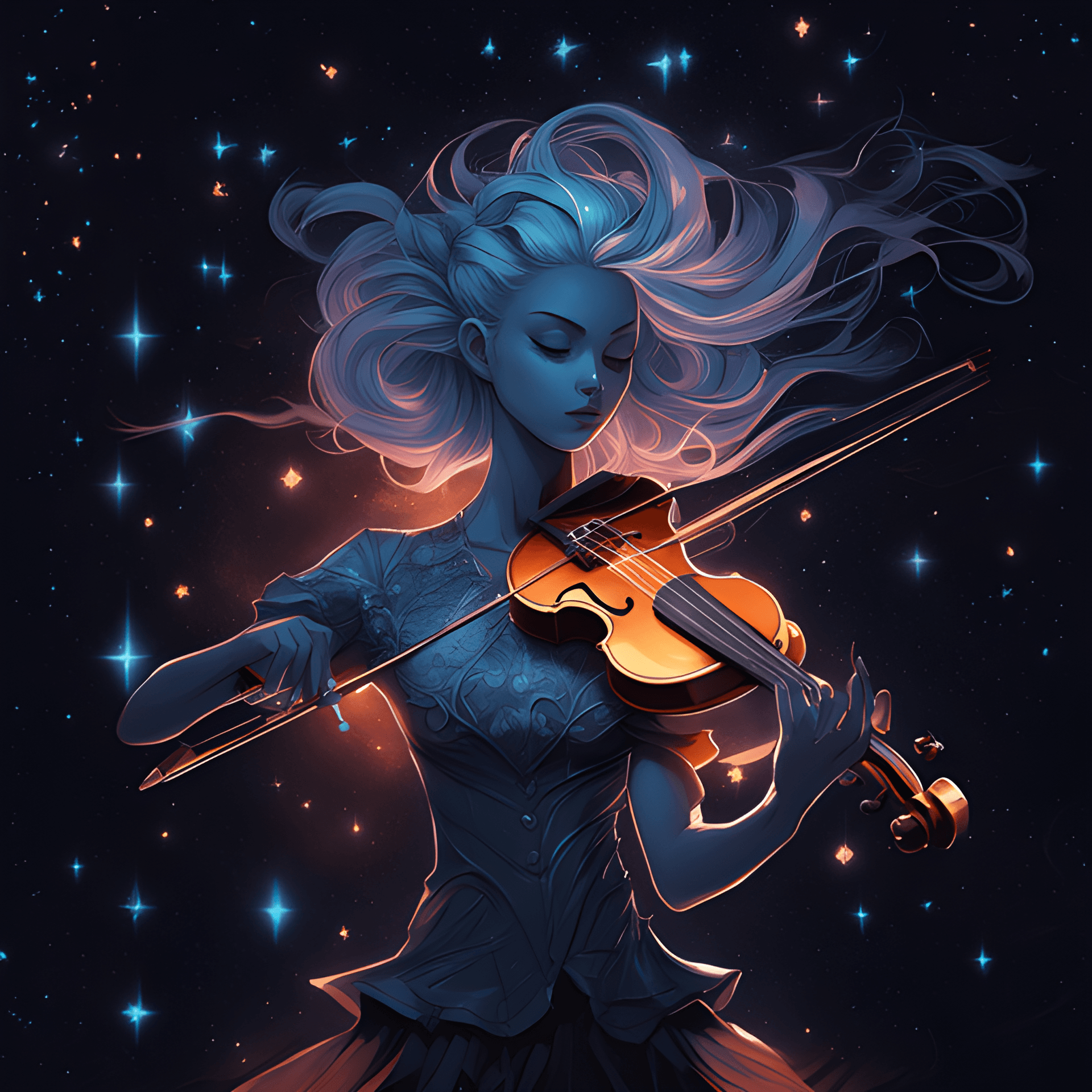 AI generated: anime girl playing violin with glowing stars in the background, jen bartel, fantasy violin, in the s...