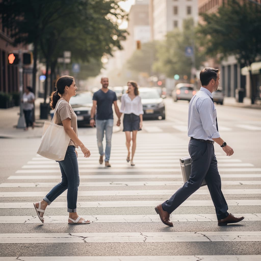 AI generated: Crosswalk with people moving in different directions, calm atmosphere