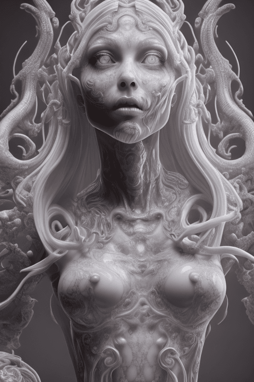 AI generated: highly detailed marble and jade sculpture of a female necromancer, volumetric fog, Hyperrealism, bre...