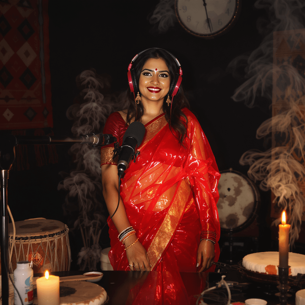 AI generated: Transparent Red wet saree Indian woman, without blouse,curvy body, 32 year girl, great lower shape, ...