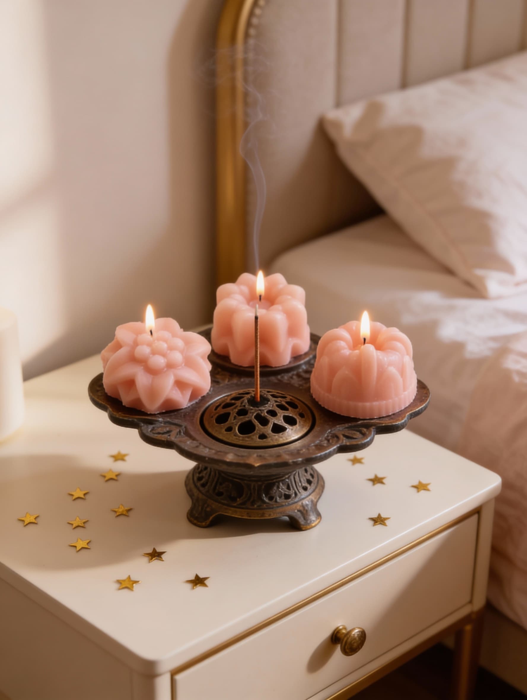 AI generated: On a bedside table, the scented candles pictured sit atop a distinctive incense burner, adding a rom...