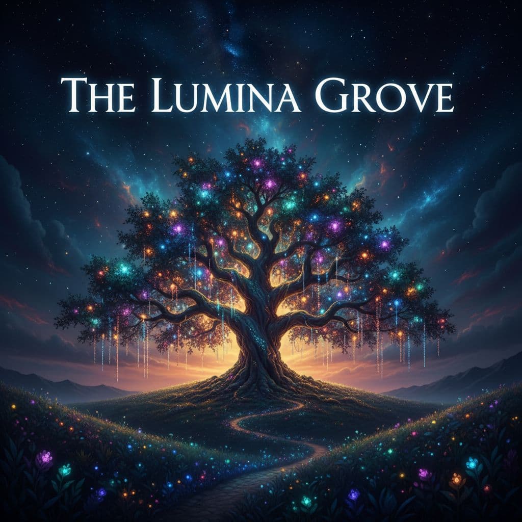 AI generated: Night sky with glowing tree lights, headline text in Cinzel Decorative Black.