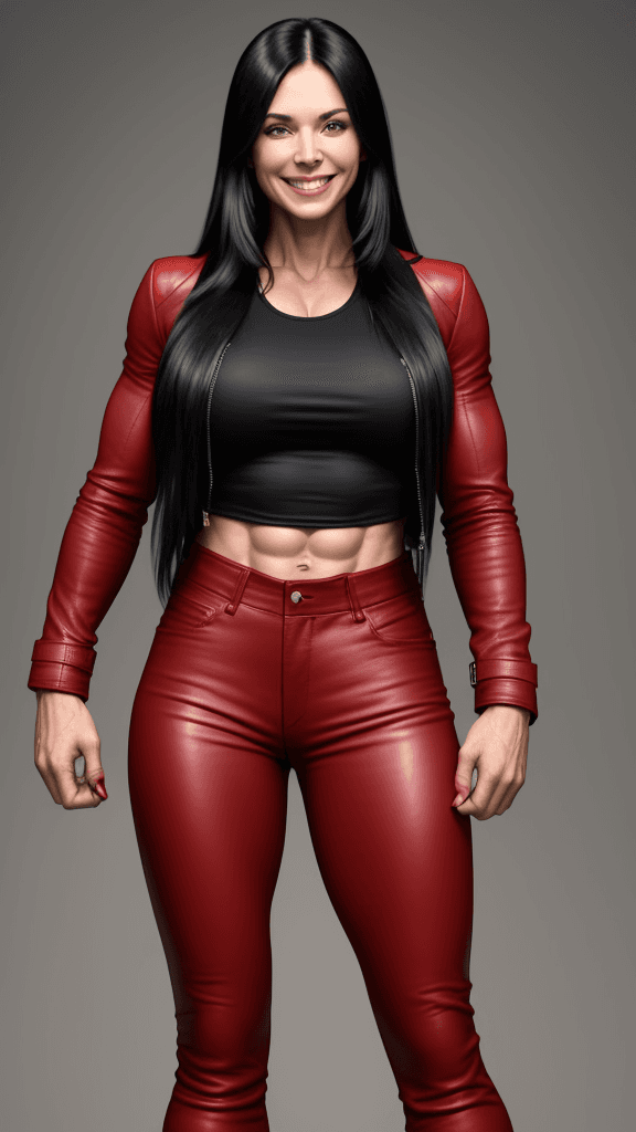 AI generated: 30 year old strong muscular woman, biceps, long black hair, wears red leather pants, wears red leath...