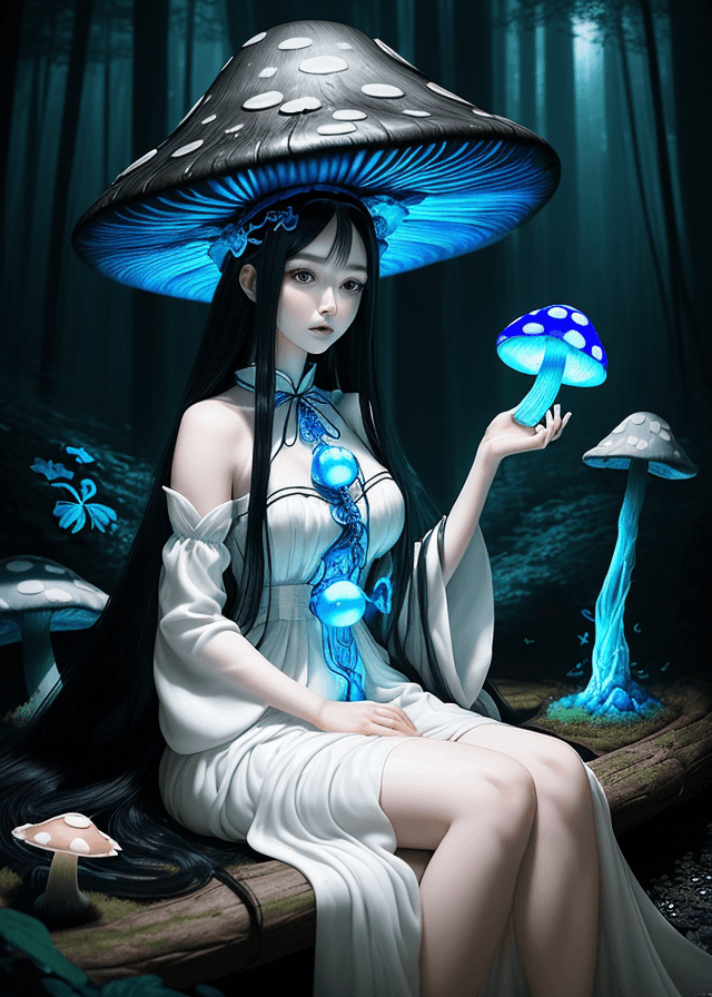 AI generated: A woman with long black hair is sitting on huge blue glowing mushroom  conjuring some magic in a fan...