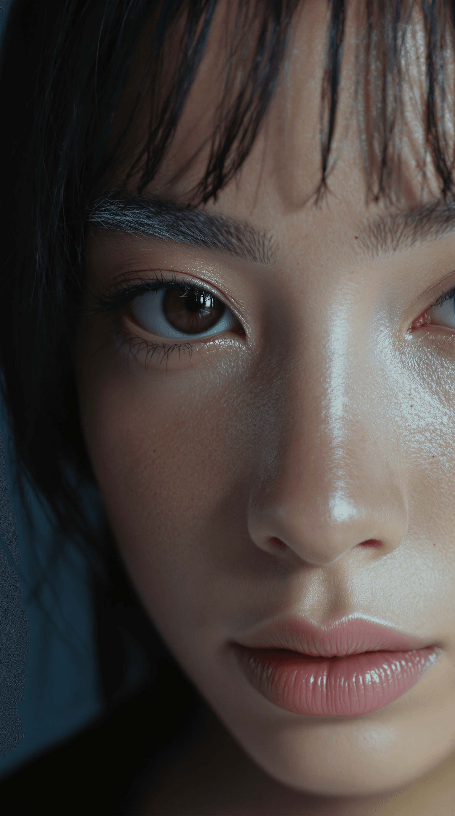 AI generated: A close-up portrait of a young model with sharp facial features and striking bleached eyebrows, her ...