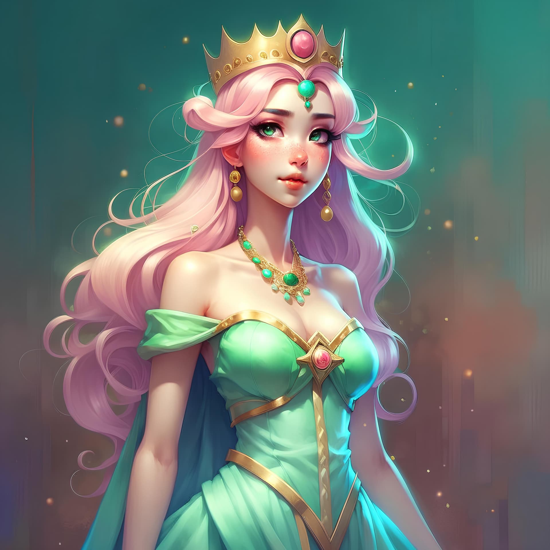 AI generated: 1 Princess，Character standing drawing，Thick green hair，(Beautiful dress、Hairstyles、tiara crown、jewel...