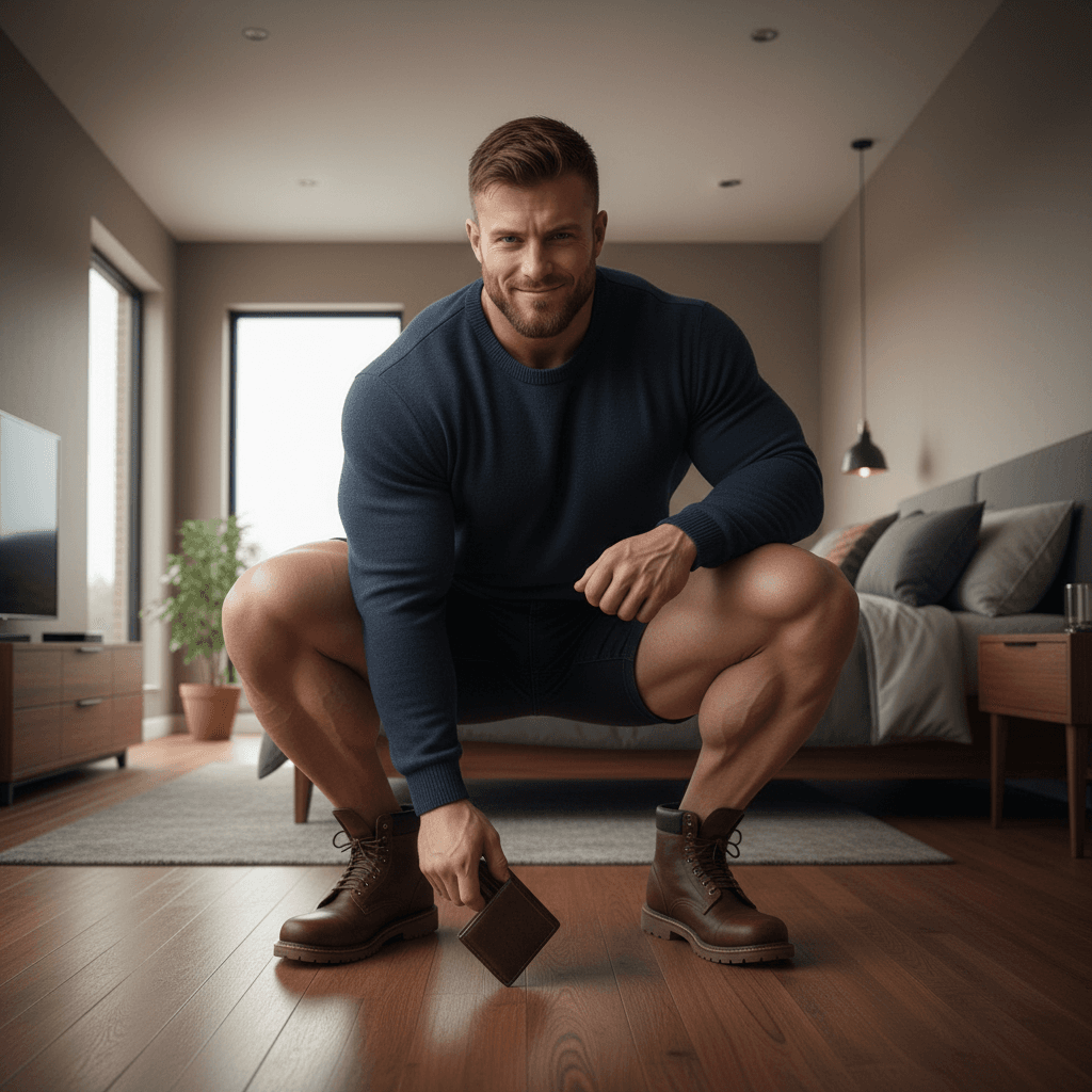 AI generated:  At a large bedroom. The model is a bodybuilder, he has muscular shoulders, and huge muscular legs. ...