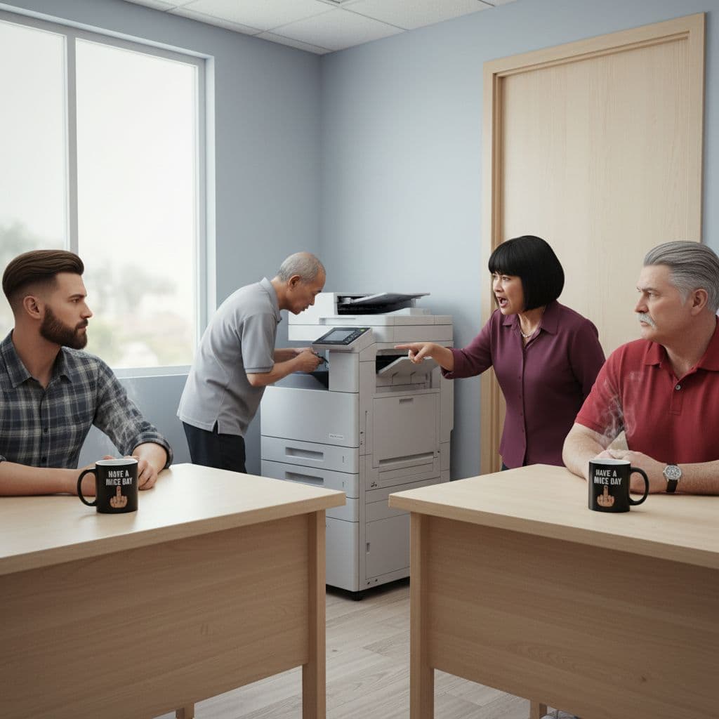 AI generated: Generate a realistic lifelike image of a small office, there are two corner desks opposite each othe...