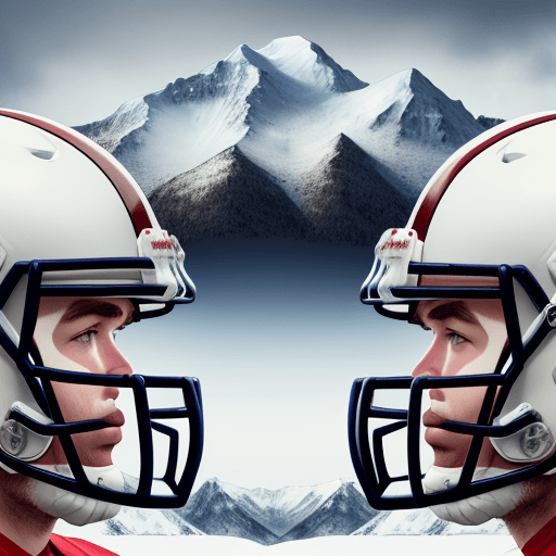 AI generated: front view of heads of 4 American football players wearing helmets form the tops of a snowy mountain...