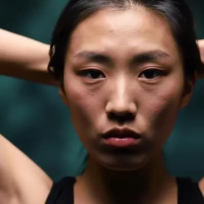 AI generated video: Arms raised, hands behind head. Pursed lips. 