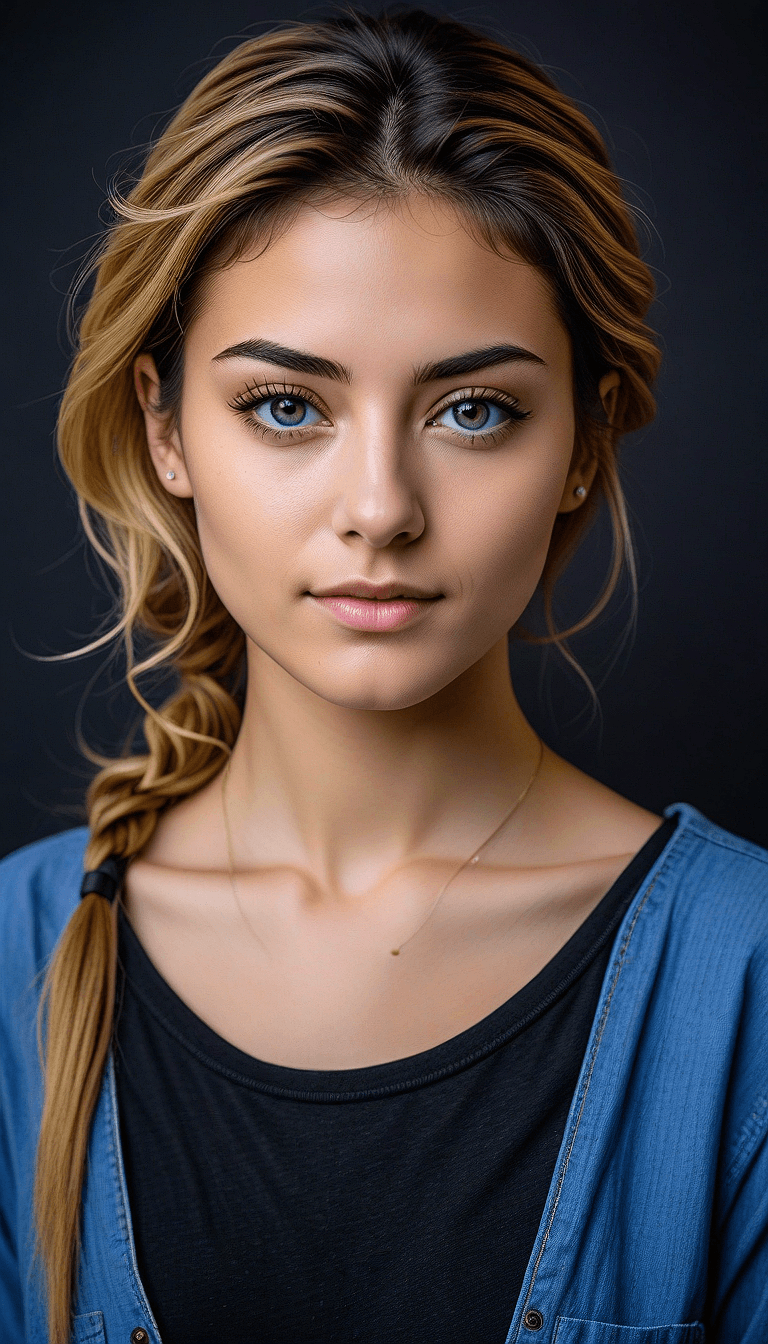 AI generated: An image of a young woman with fair skin and a delicate braid over one shoulder, featuring blonde hi...