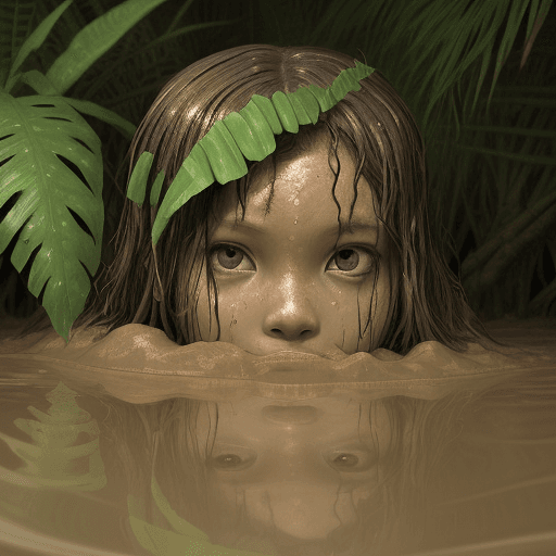 AI generated:  jungle girl, particly submerged in quicksand, sinking in mud, 